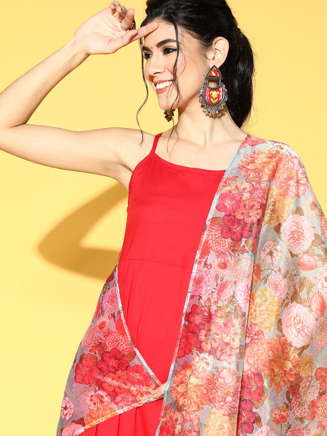 InWeave Strappy Set In Red With Organza Dupatta - Swadesiicart