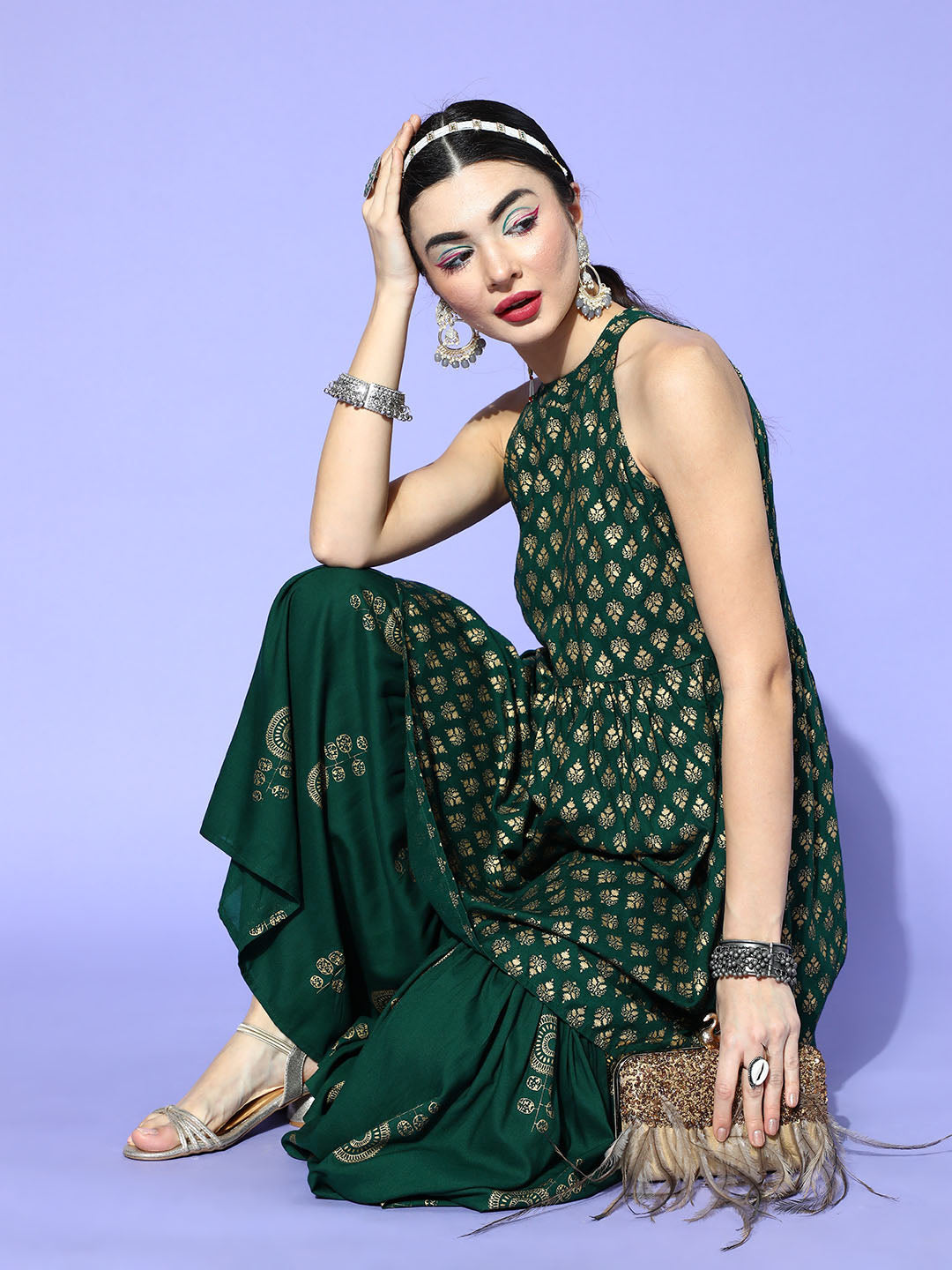 InWeave Green Gold Work Sharara Set - Swadesiicart