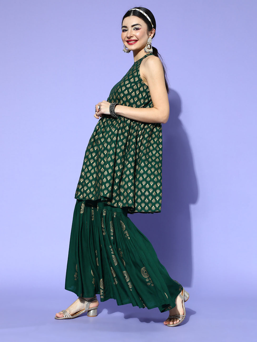 InWeave Green Gold Work Sharara Set - Swadesiicart