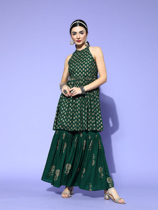 InWeave Green Gold Work Sharara Set - Swadesiicart