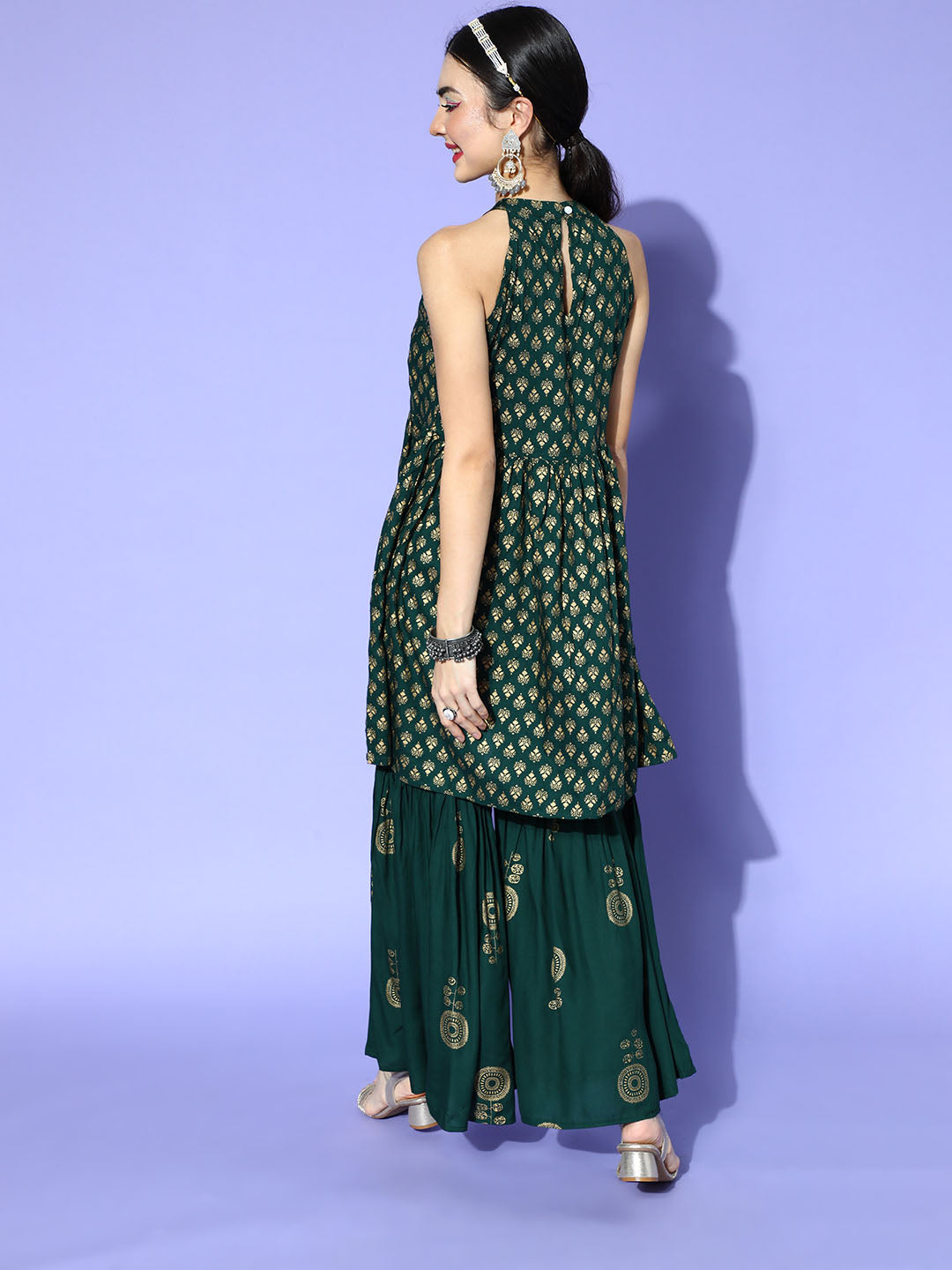 InWeave Green Gold Work Sharara Set - Swadesiicart