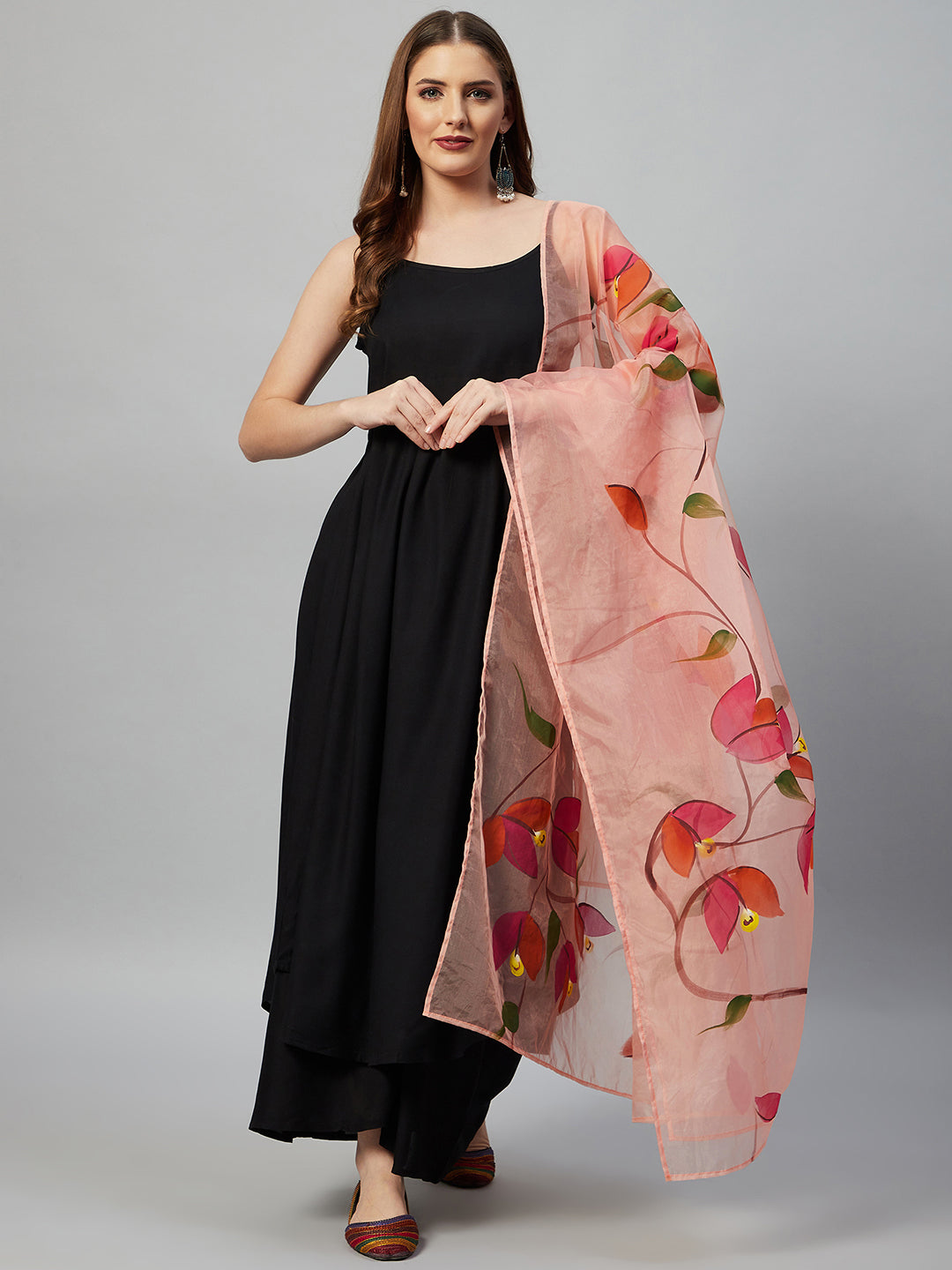 InWeave Black Strappy Set With Peach Hand Print Dupatta - Swadesiicart