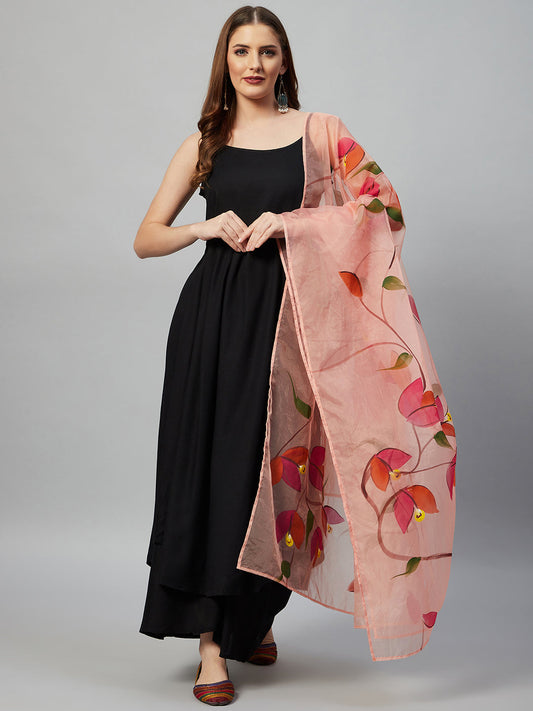 InWeave Black Strappy Set With Peach Hand Print Dupatta - Swadesiicart