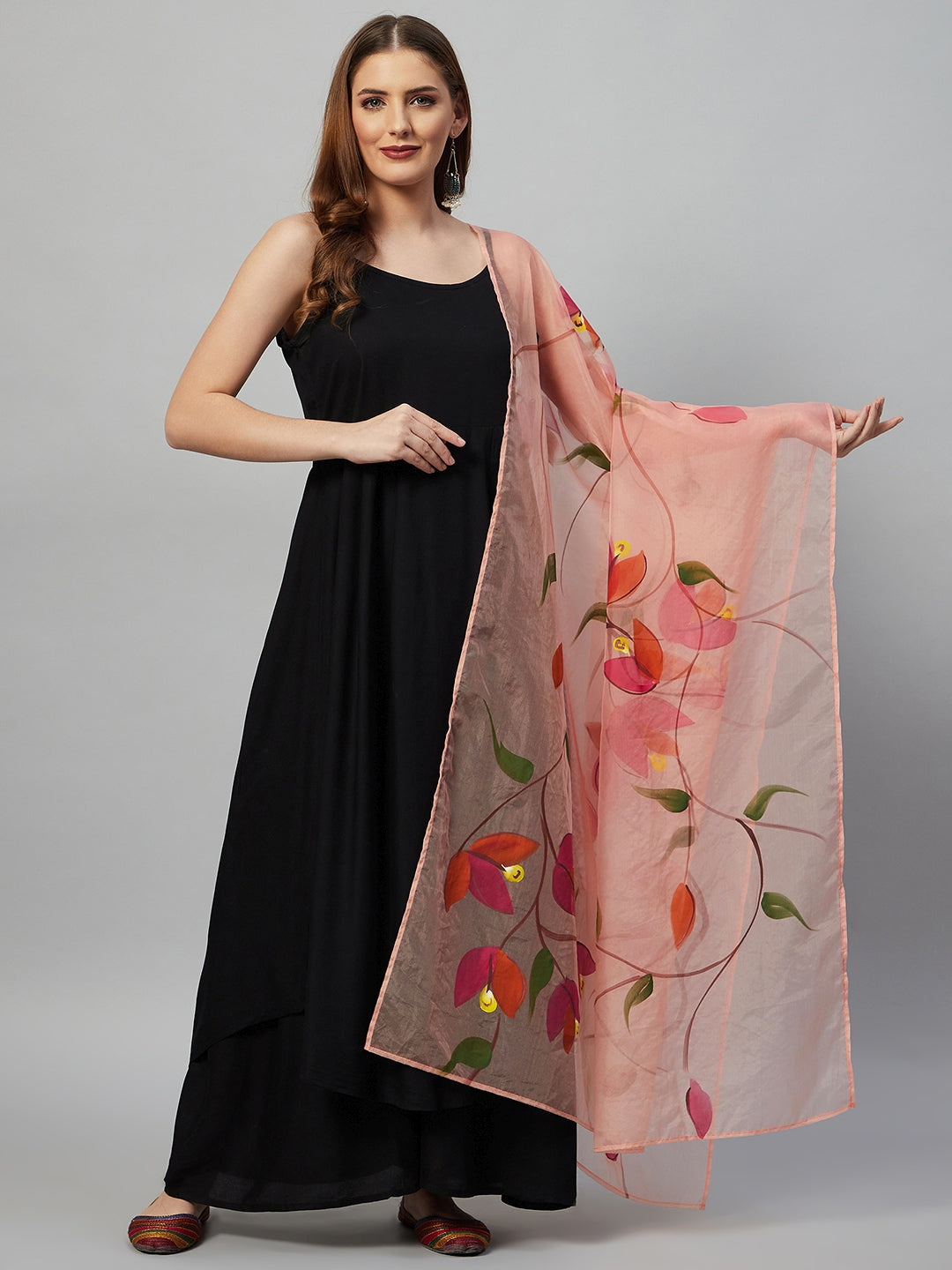 InWeave Black Strappy Set With Peach Hand Print Dupatta - Swadesiicart