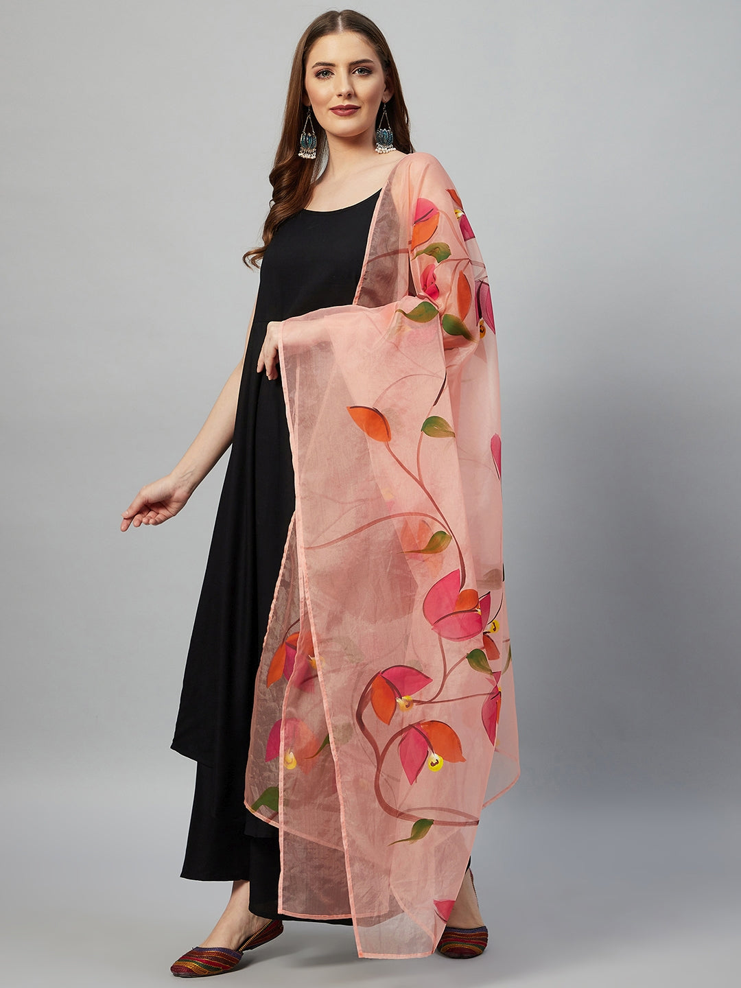 InWeave Black Strappy Set With Peach Hand Print Dupatta - Swadesiicart