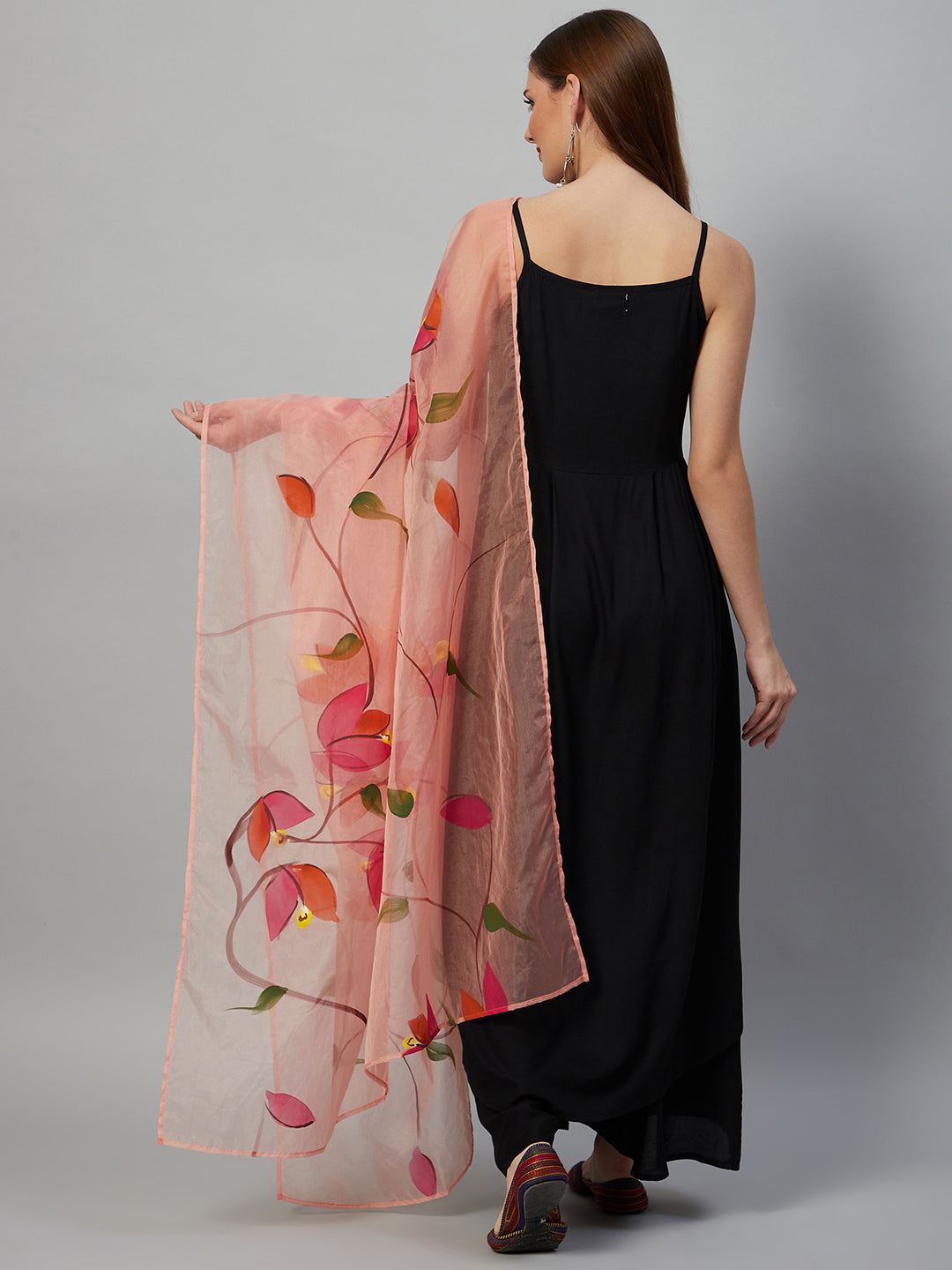 InWeave Black Strappy Set With Peach Hand Print Dupatta - Swadesiicart