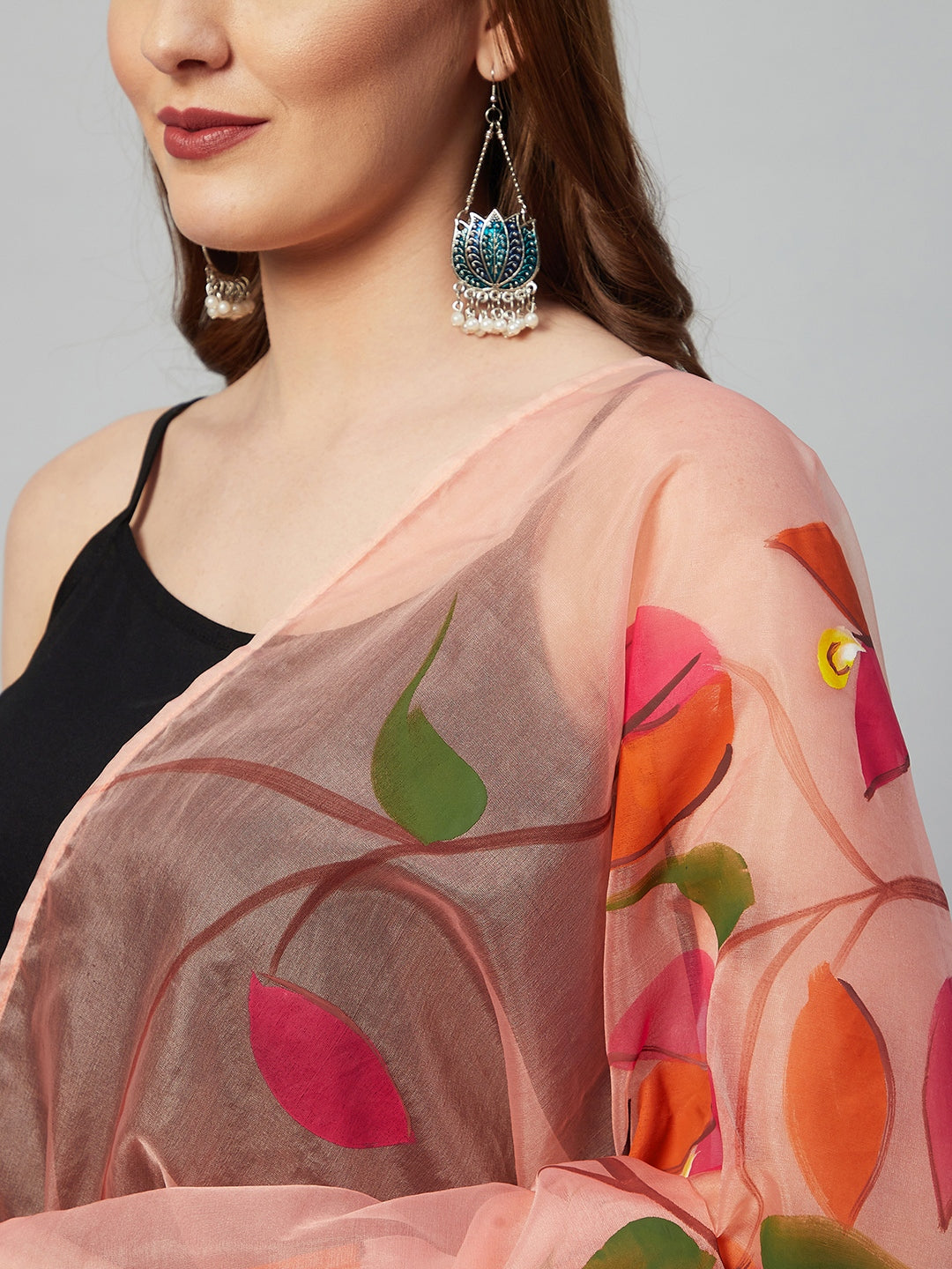 InWeave Black Strappy Set With Peach Hand Print Dupatta - Swadesiicart