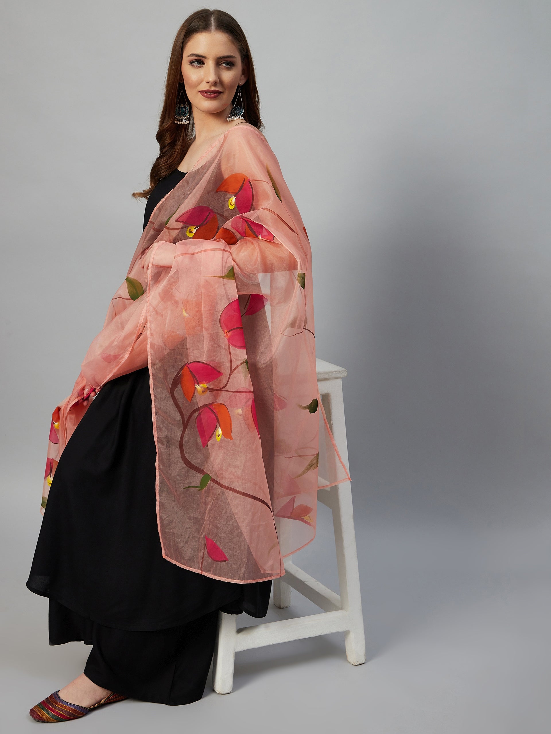 InWeave Black Strappy Set With Peach Hand Print Dupatta - Swadesiicart