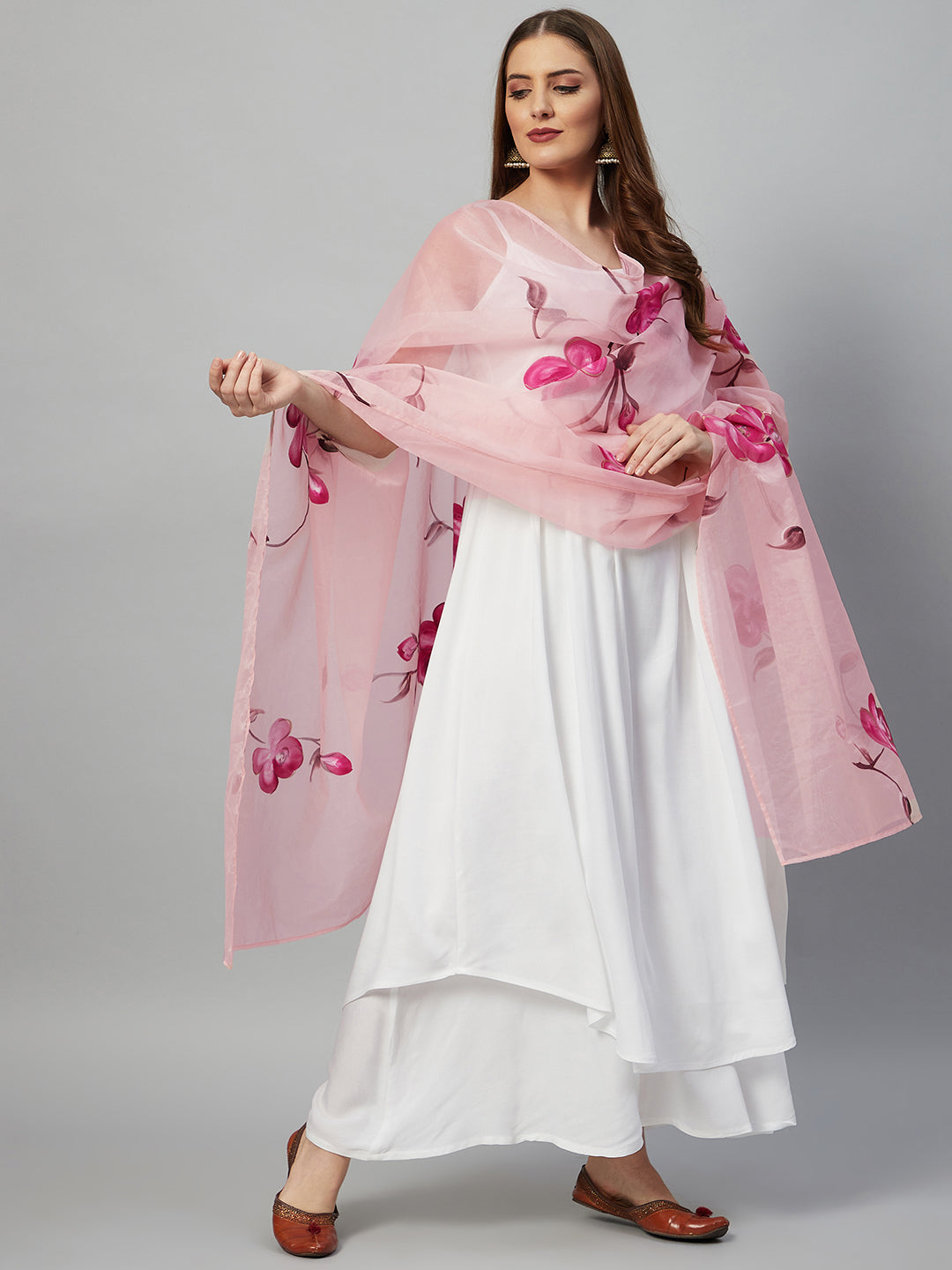 InWeave White Strappy Kurta Set - Pink Hand Print Dupatta - Swadesiicart
