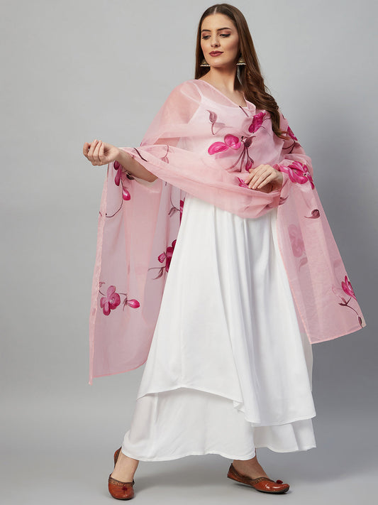 InWeave White Strappy Kurta Set - Pink Hand Print Dupatta - Swadesiicart