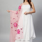 InWeave White Strappy Kurta Set - Pink Hand Print Dupatta - Swadesiicart