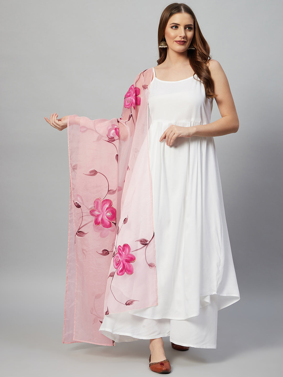 InWeave White Strappy Kurta Set - Pink Hand Print Dupatta - Swadesiicart