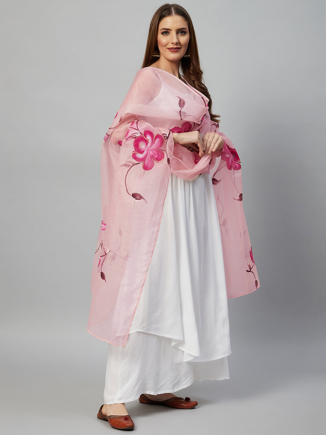 InWeave White Strappy Kurta Set - Pink Hand Print Dupatta - Swadesiicart