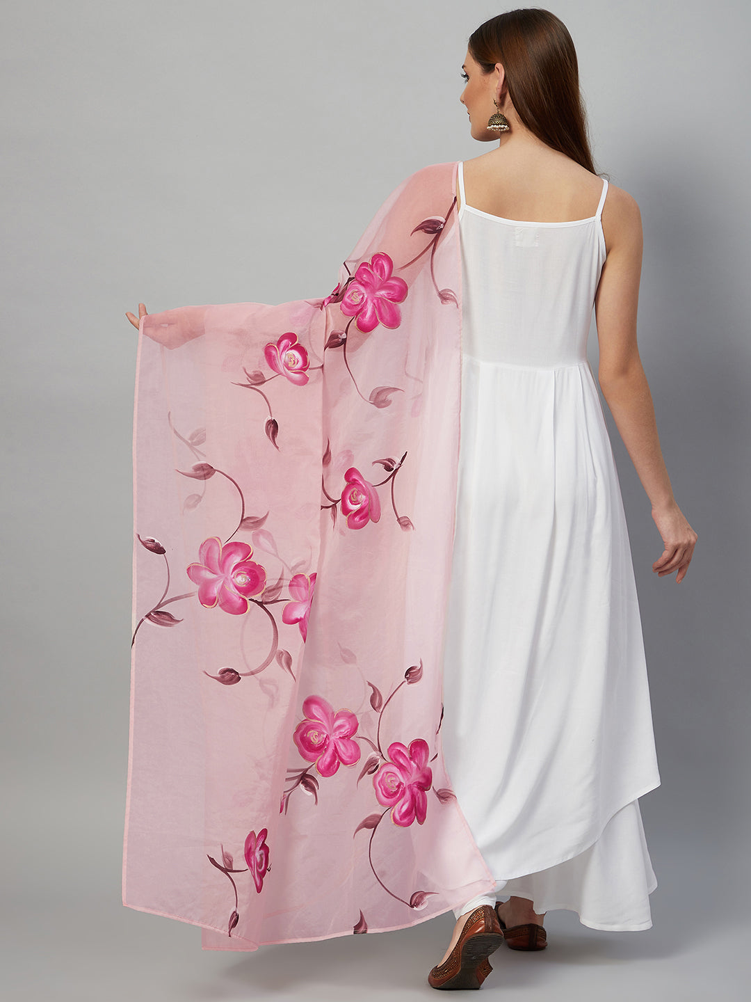 InWeave White Strappy Kurta Set - Pink Hand Print Dupatta - Swadesiicart