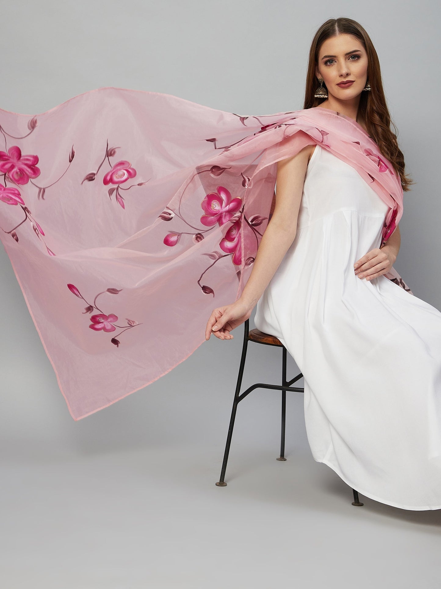 InWeave White Strappy Kurta Set - Pink Hand Print Dupatta - Swadesiicart