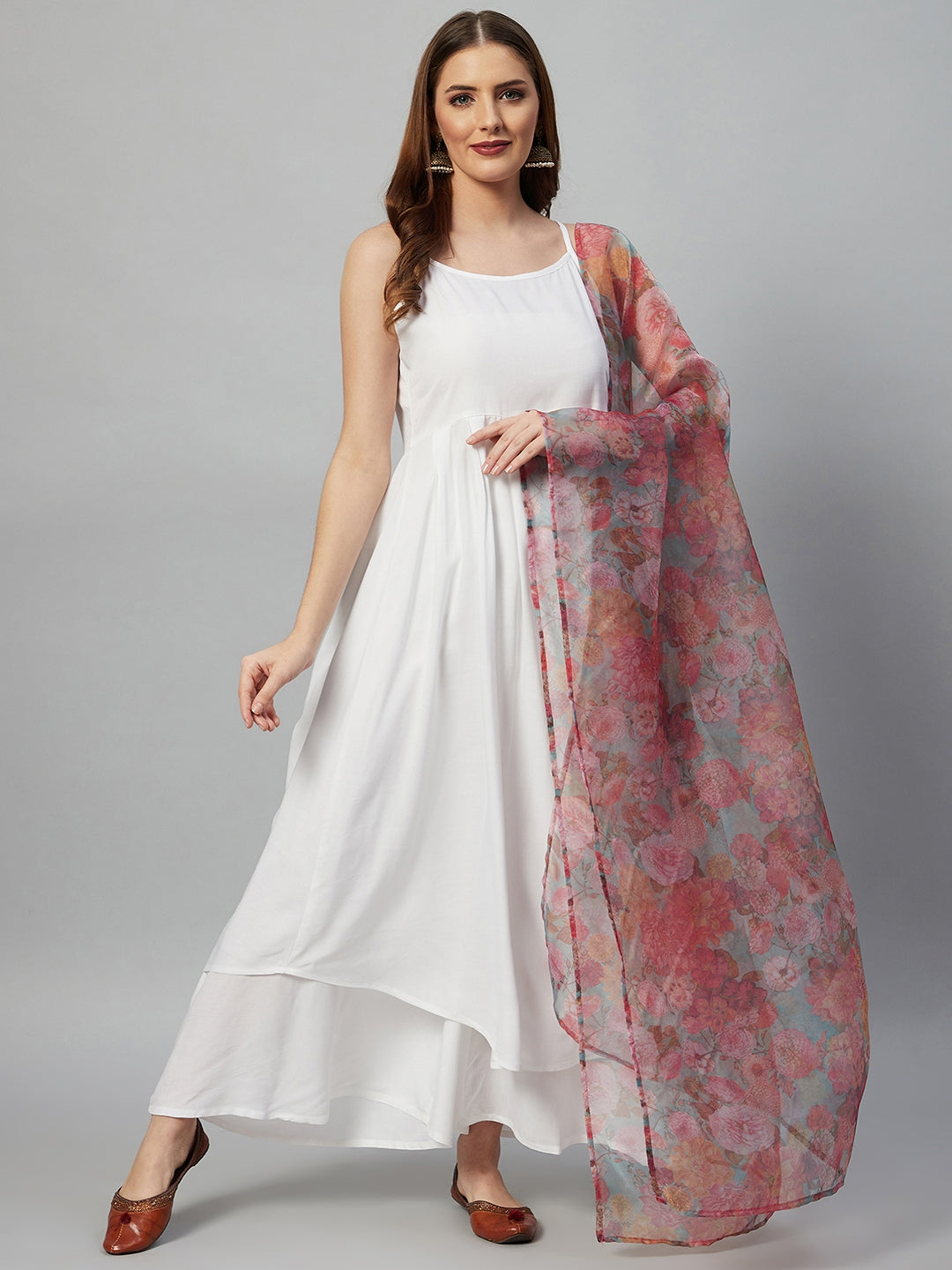 InWeave White Strappy Set - Green Organza Dupatta - Swadesiicart