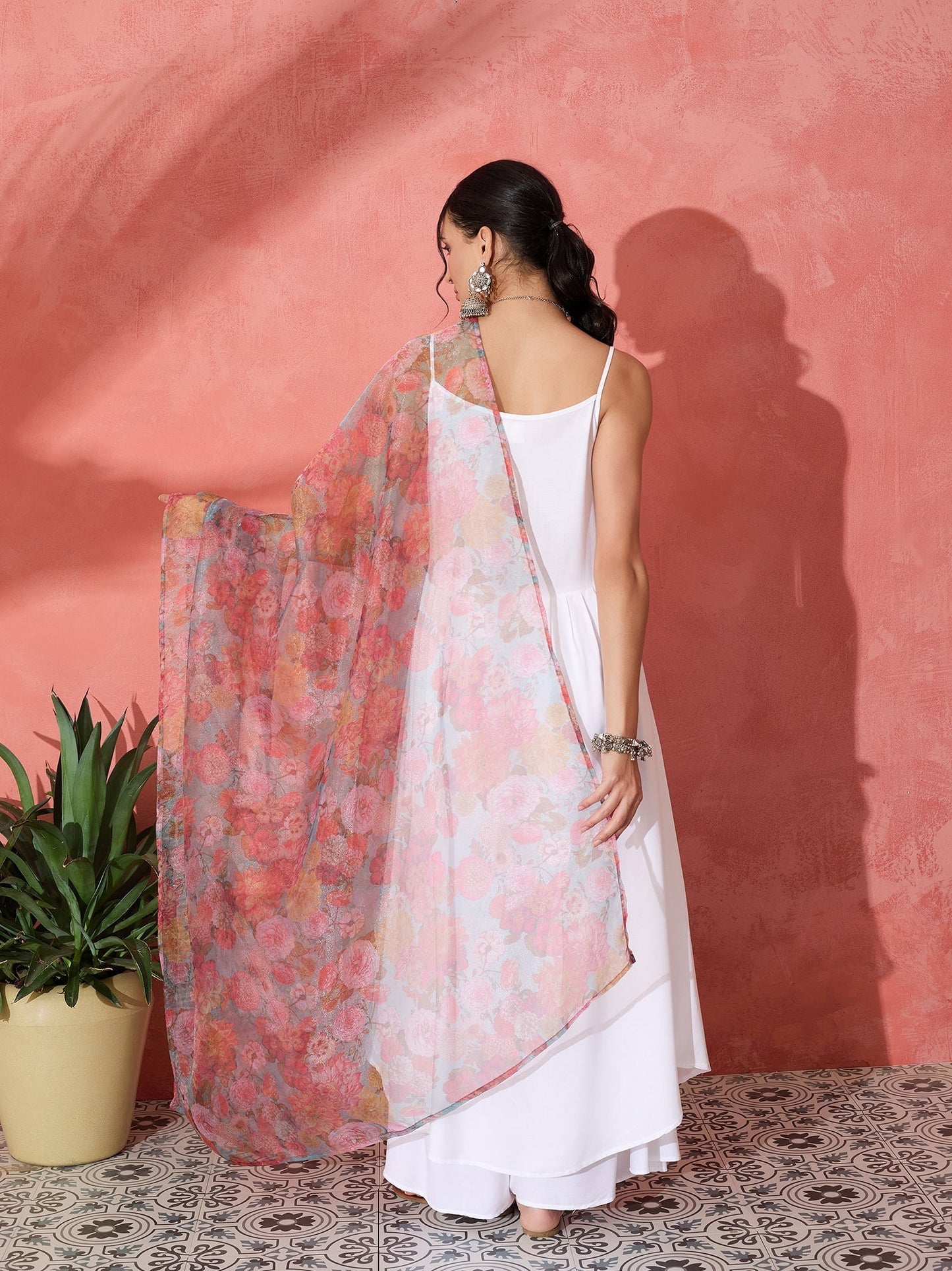 InWeave White Strappy Set With Green Organza Dupatta - Swadesiicart
