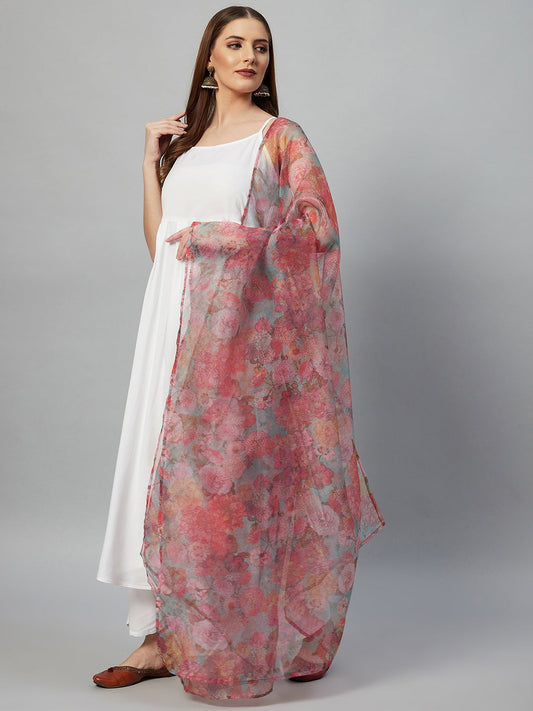 InWeave White Strappy Set - Green Organza Dupatta - Swadesiicart