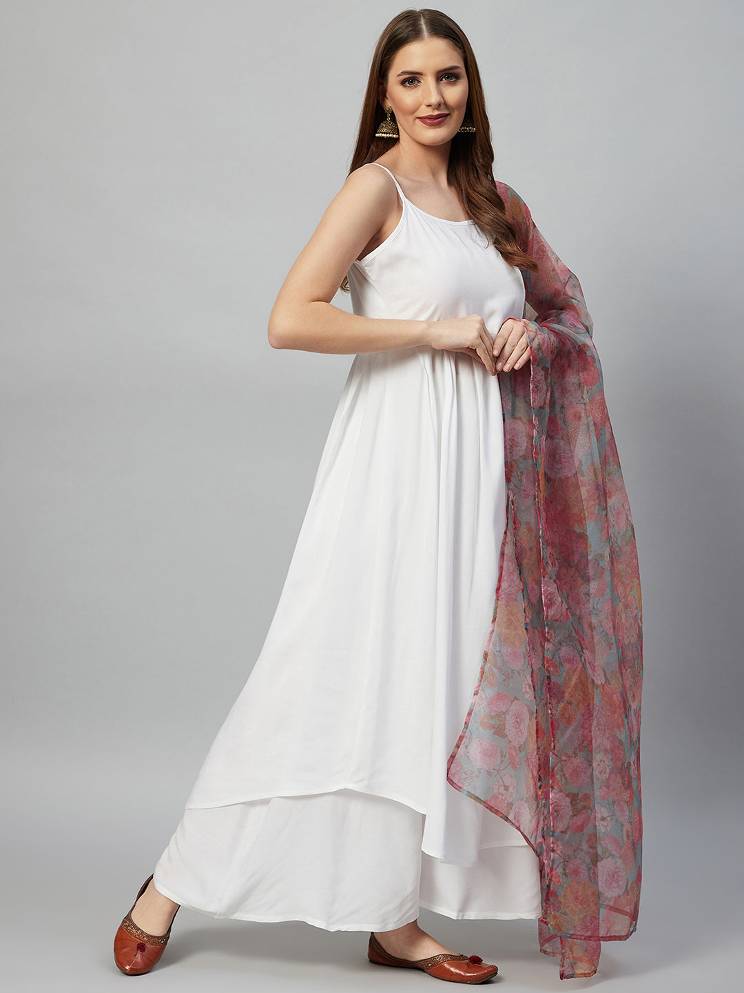InWeave White Strappy Set - Green Organza Dupatta - Swadesiicart