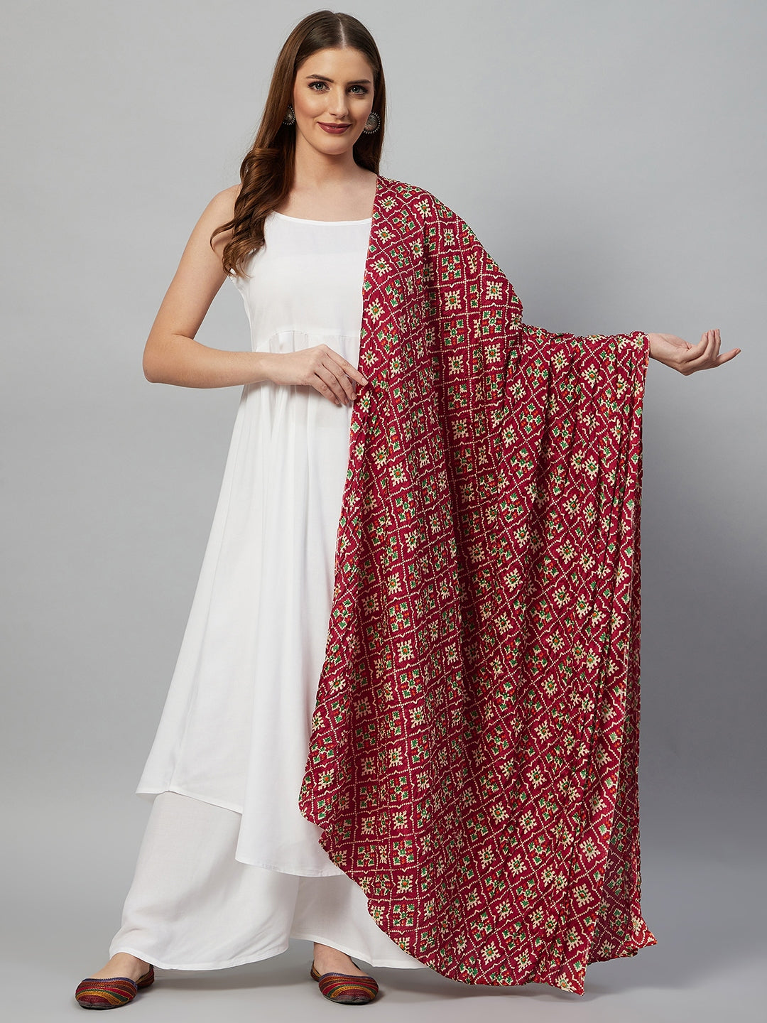 InWeave White Strappy Set - Maroon Fosilk Dupatta - Swadesiicart