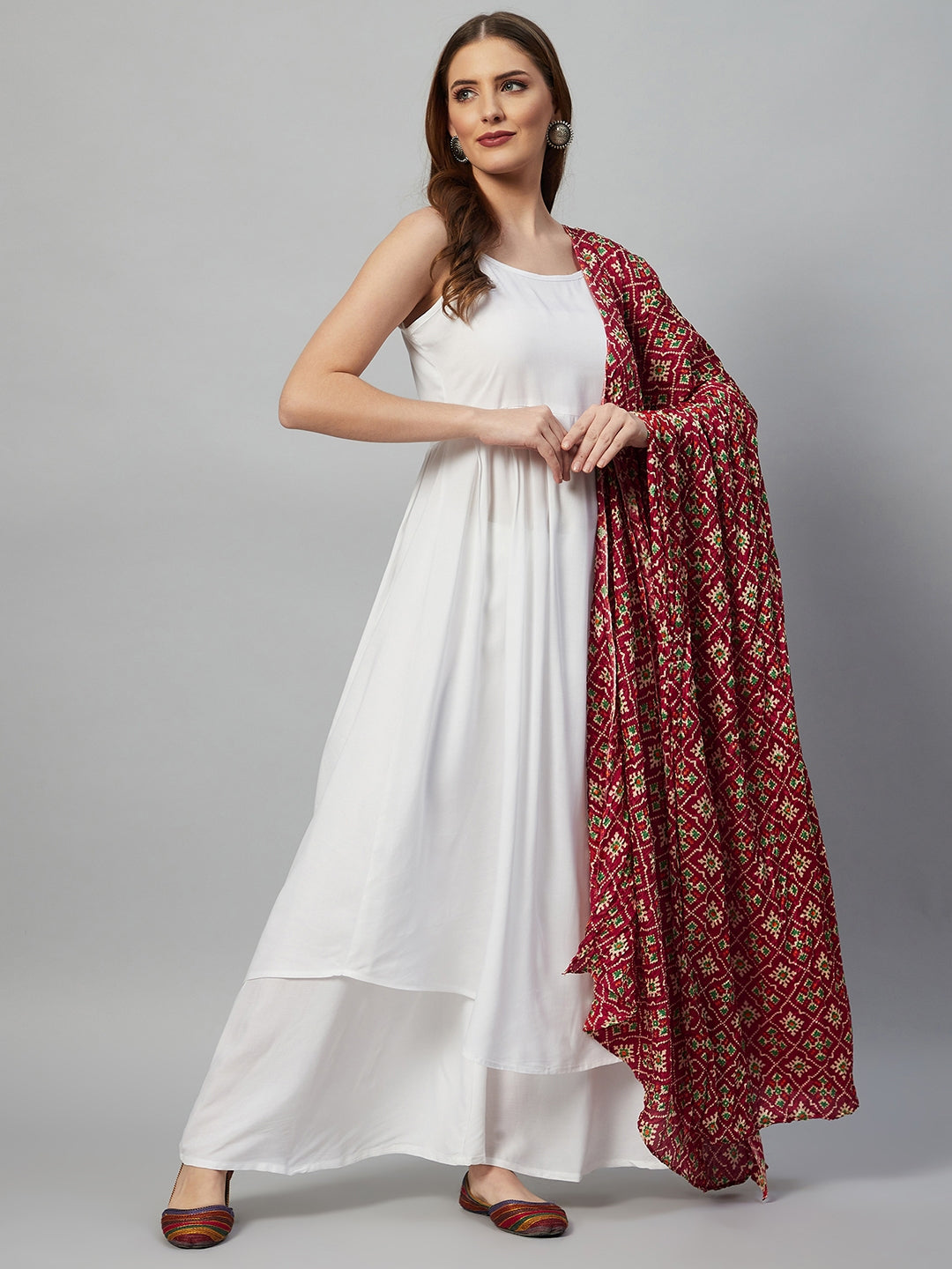 InWeave White Strappy Set - Maroon Fosilk Dupatta - Swadesiicart
