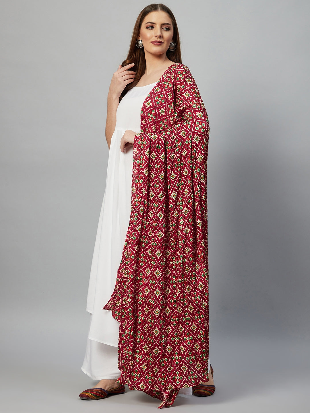 InWeave White Strappy Set - Maroon Fosilk Dupatta - Swadesiicart