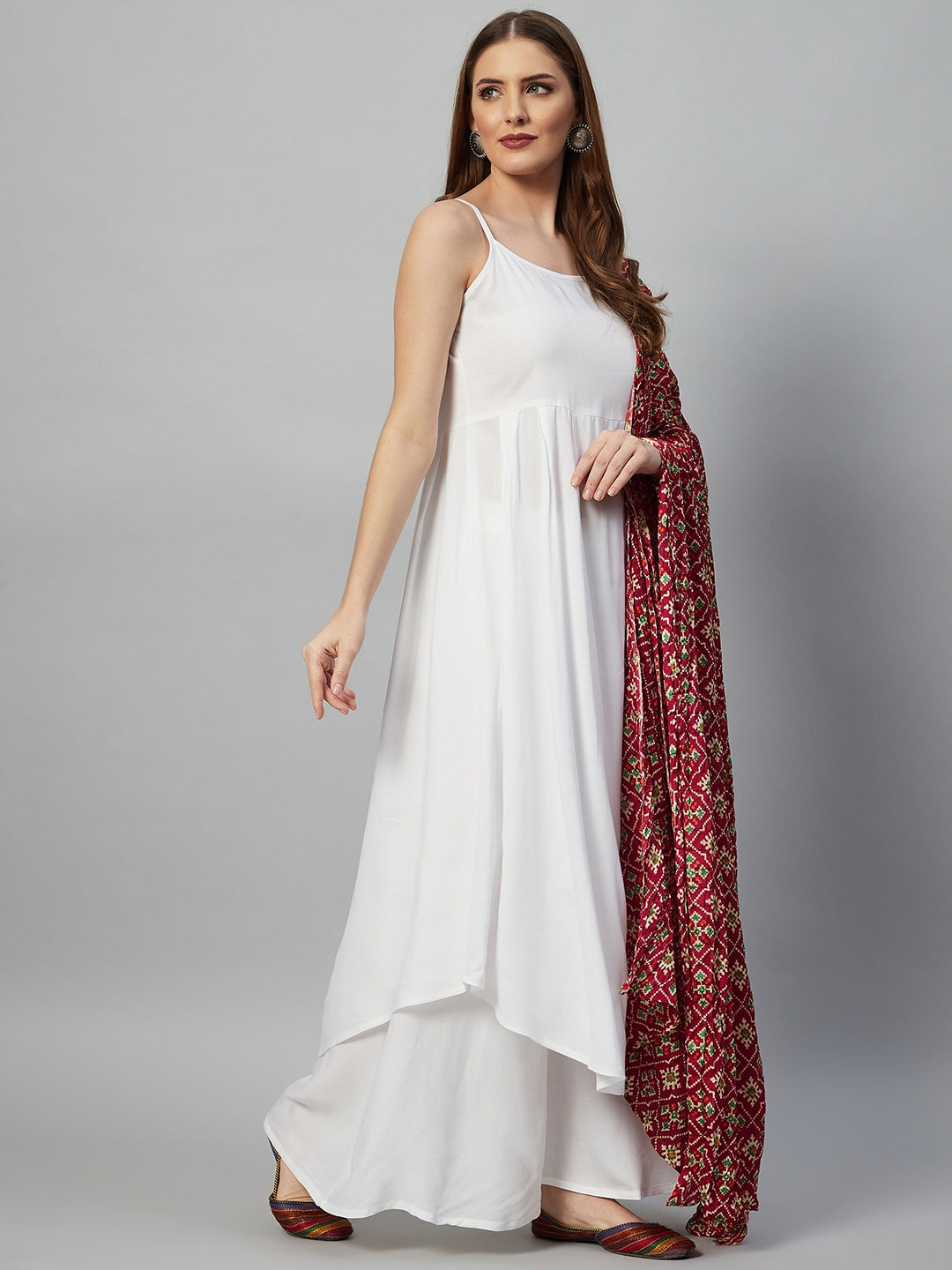 InWeave White Strappy Set - Maroon Fosilk Dupatta - Swadesiicart