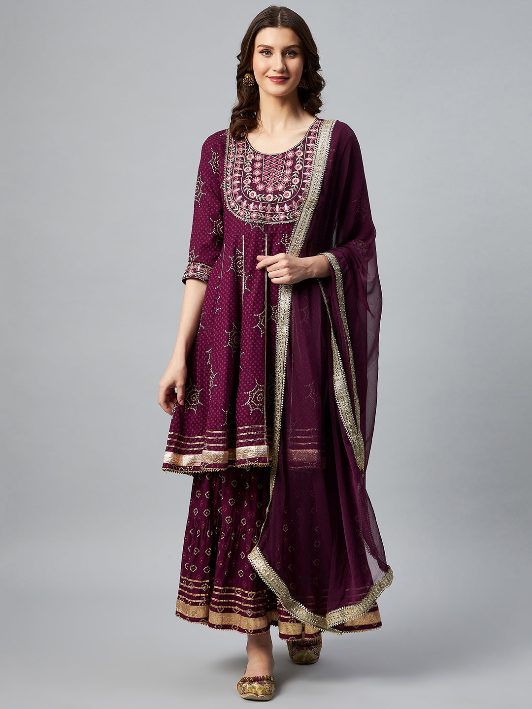 InWeave Wine Gota Mirror Sharara Set - Swadesiicart