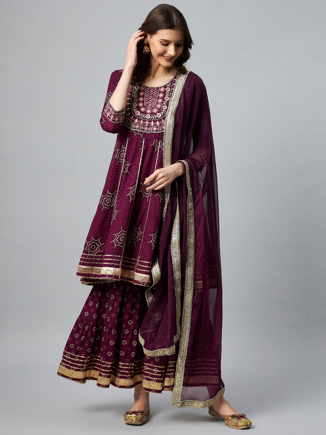 InWeave Wine Gota Mirror Sharara Set - Swadesiicart
