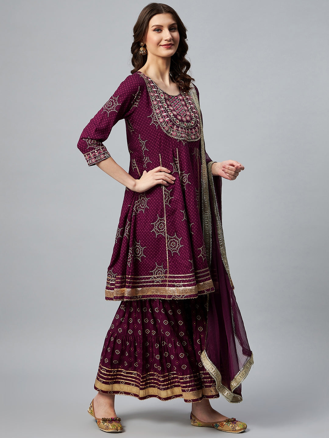 InWeave Wine Gota Mirror Sharara Set - Swadesiicart