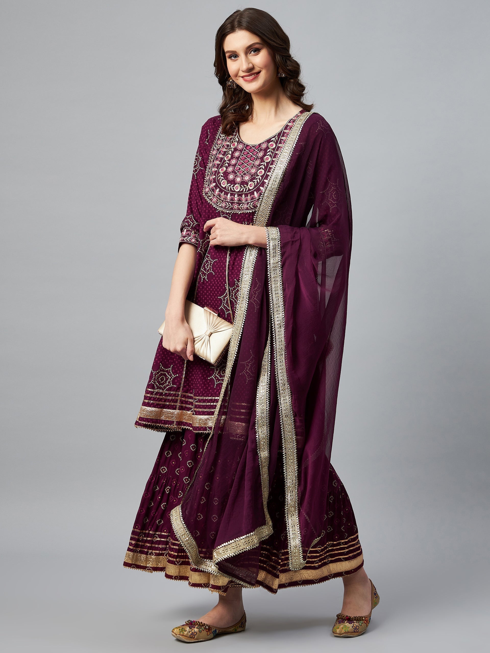 InWeave Wine Gota Mirror Sharara Set - Swadesiicart