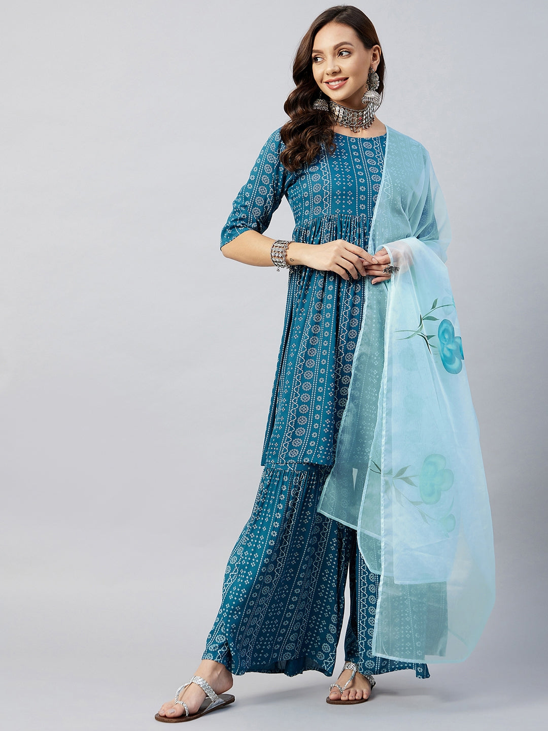 InWeave Women's Ocean Blue Bandhej Sharara Set Blue Hand Print Dupatta - Swadesiicart