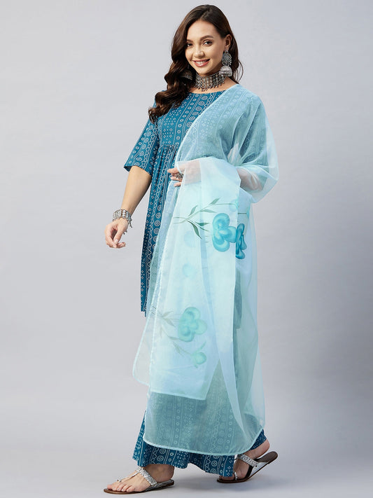 InWeave Women's Ocean Blue Bandhej Sharara Set Blue Hand Print Dupatta - Swadesiicart