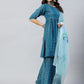 InWeave Women's Ocean Blue Bandhej Sharara Set Blue Hand Print Dupatta - Swadesiicart