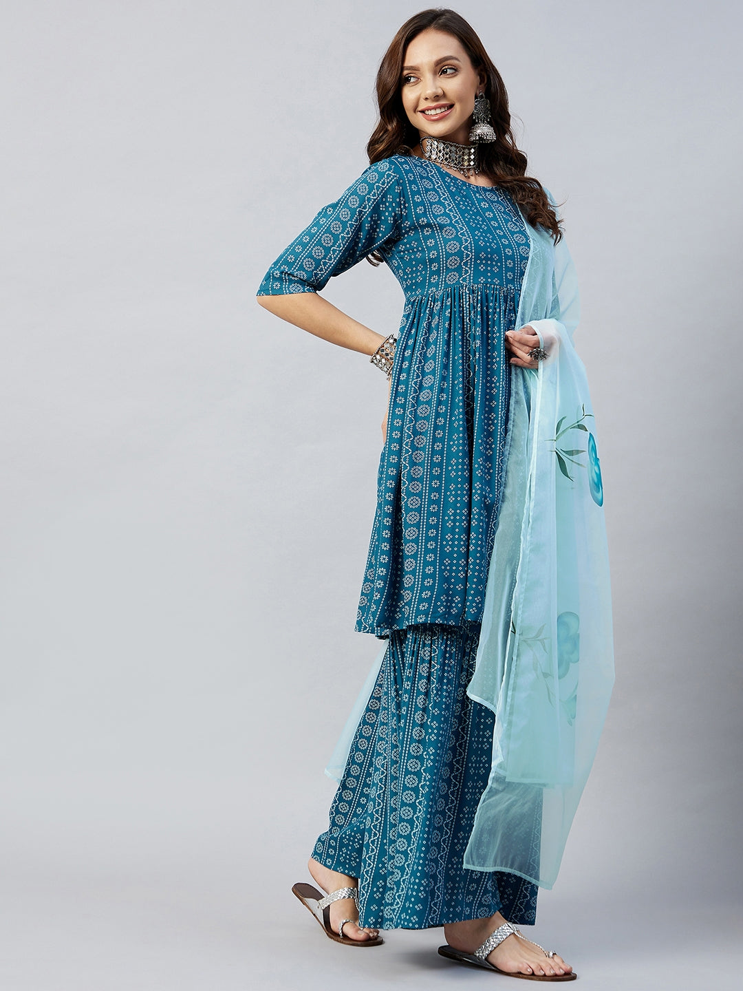 InWeave Women's Ocean Blue Bandhej Sharara Set Blue Hand Print Dupatta - Swadesiicart