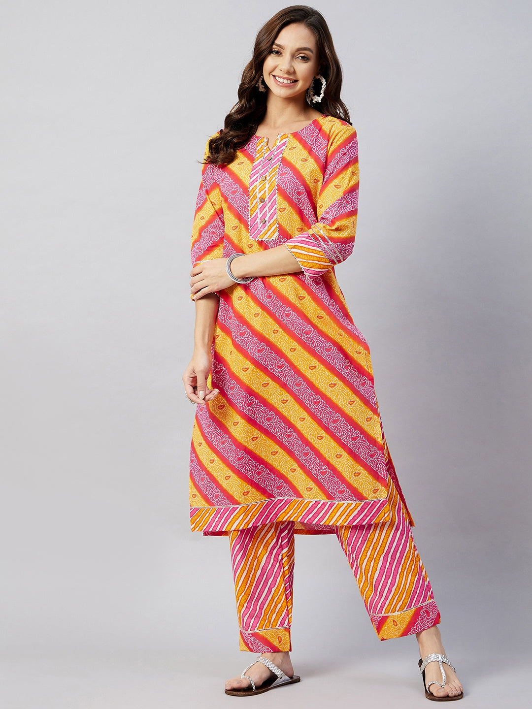 InWeave Women's Pink Mustard Lehriya Straight Kurta Set - Swadesiicart