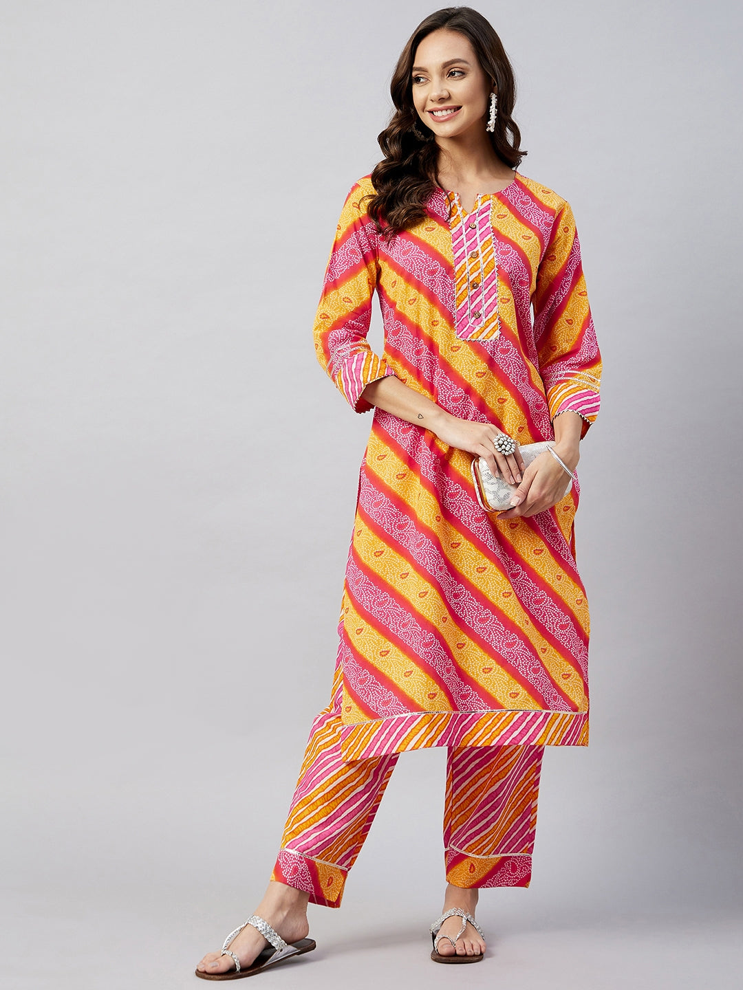 InWeave Women's Pink Mustard Lehriya Straight Kurta Set - Swadesiicart