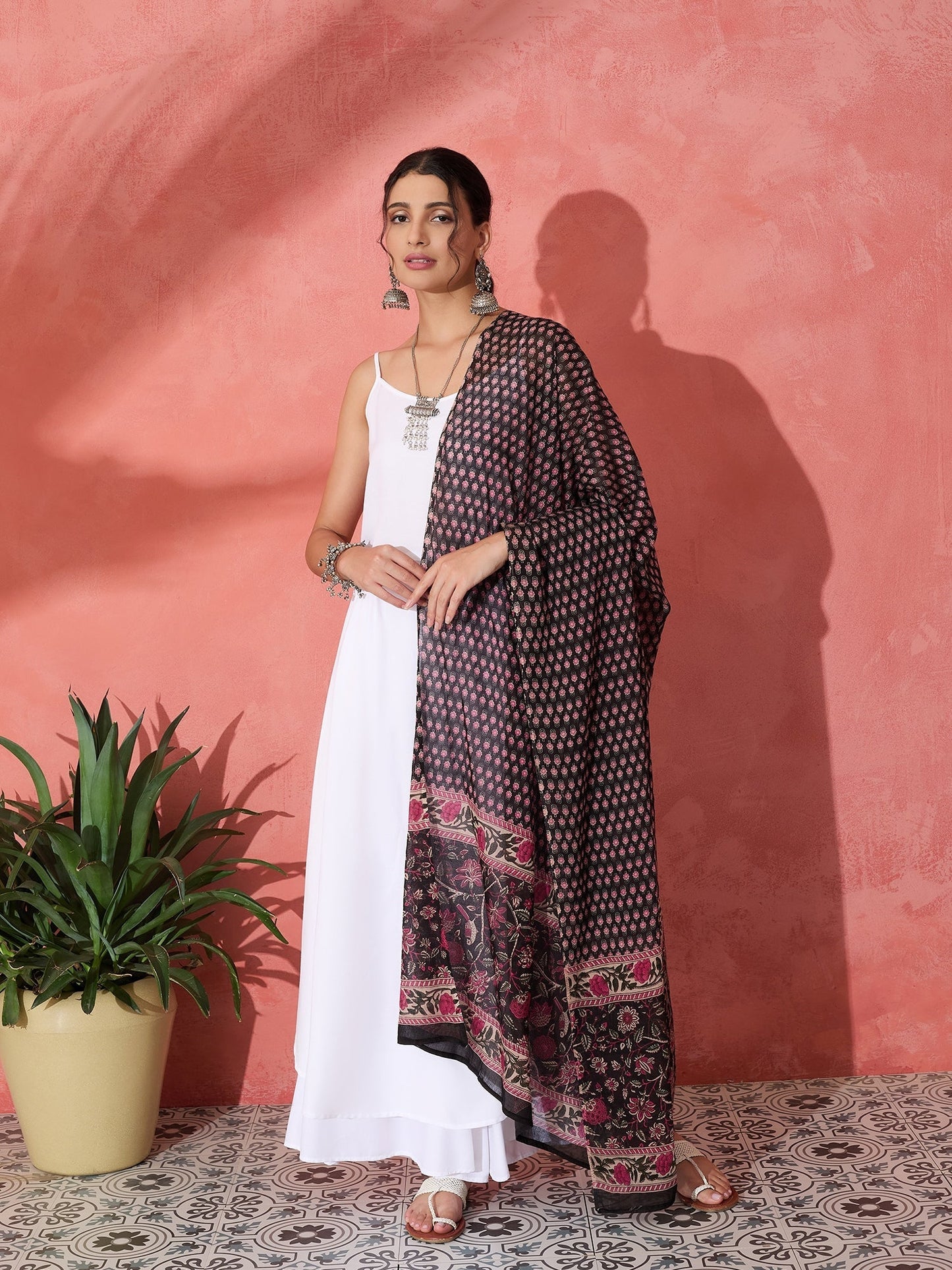 InWeave White Strappy Set With Black Pink Ethnic Print Cotton Dupatta - Swadesiicart