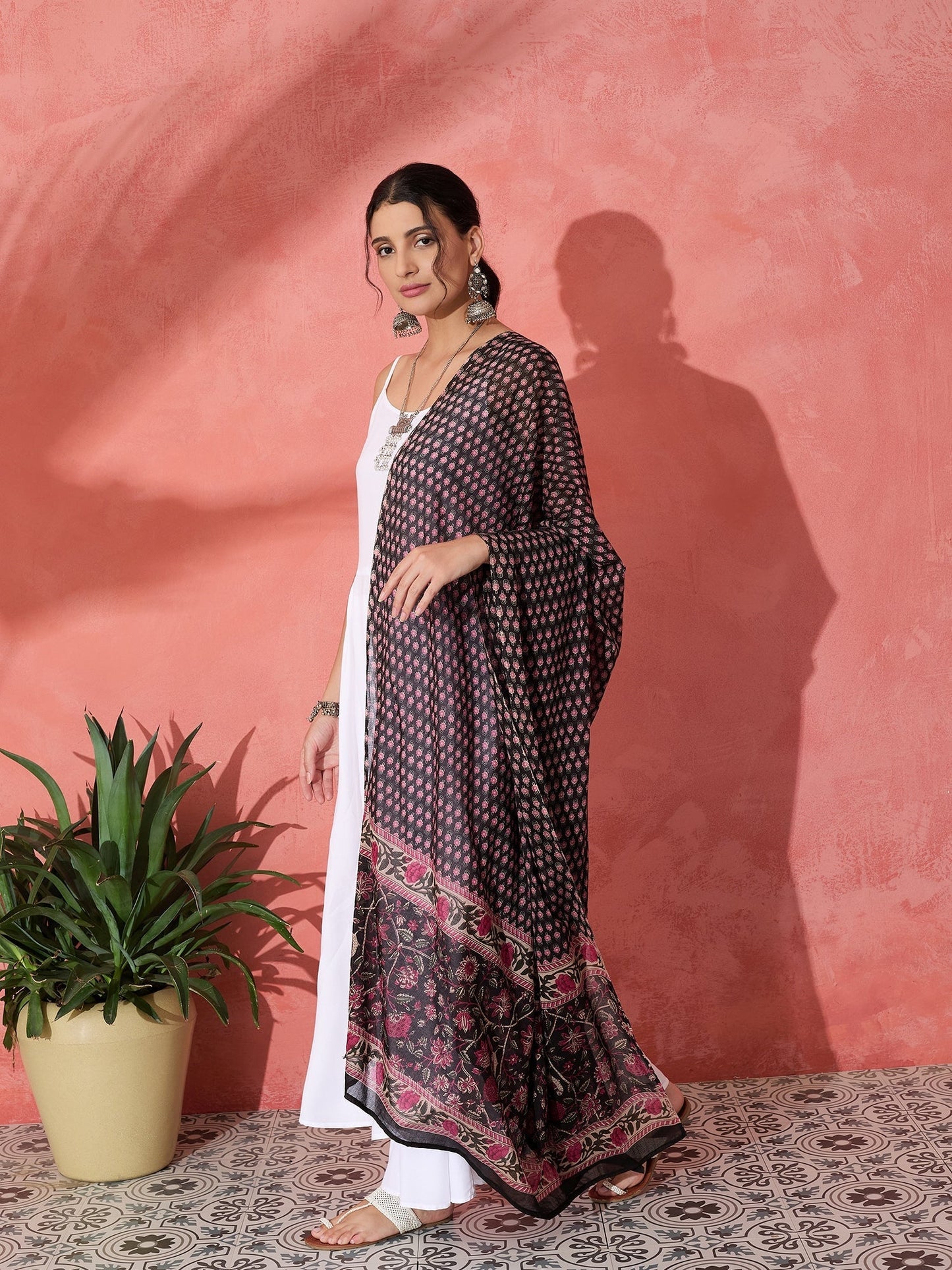 InWeave White Strappy Set With Black Pink Ethnic Print Cotton Dupatta - Swadesiicart