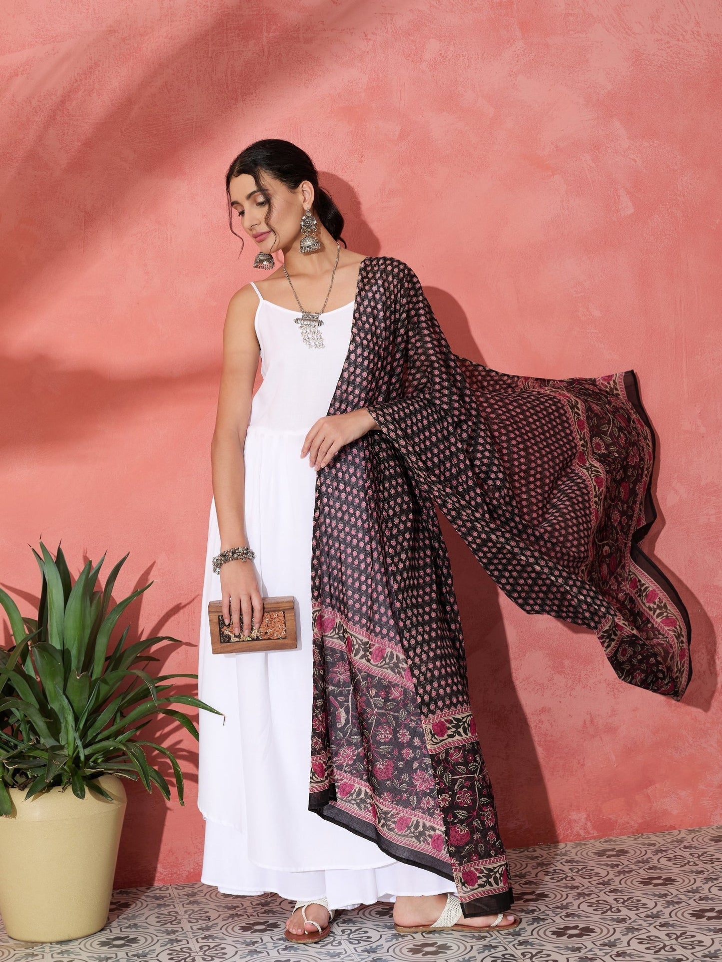 InWeave White Strappy Set With Black Pink Ethnic Print Cotton Dupatta - Swadesiicart