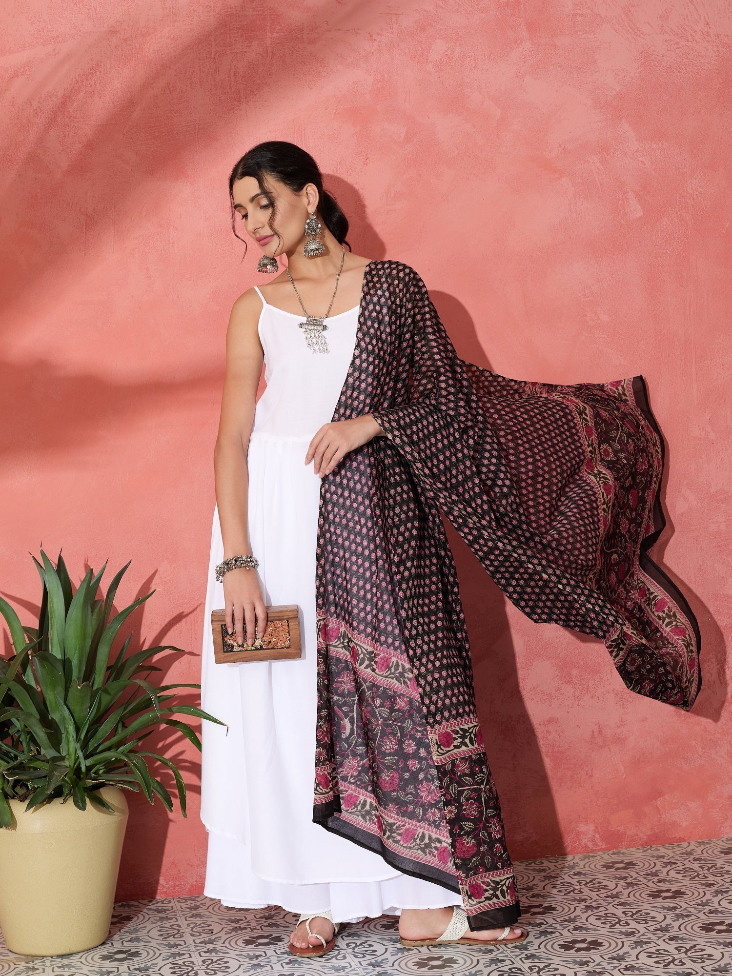 InWeave White Strappy Set With Black Pink Ethnic Print Cotton Dupatta - Swadesiicart