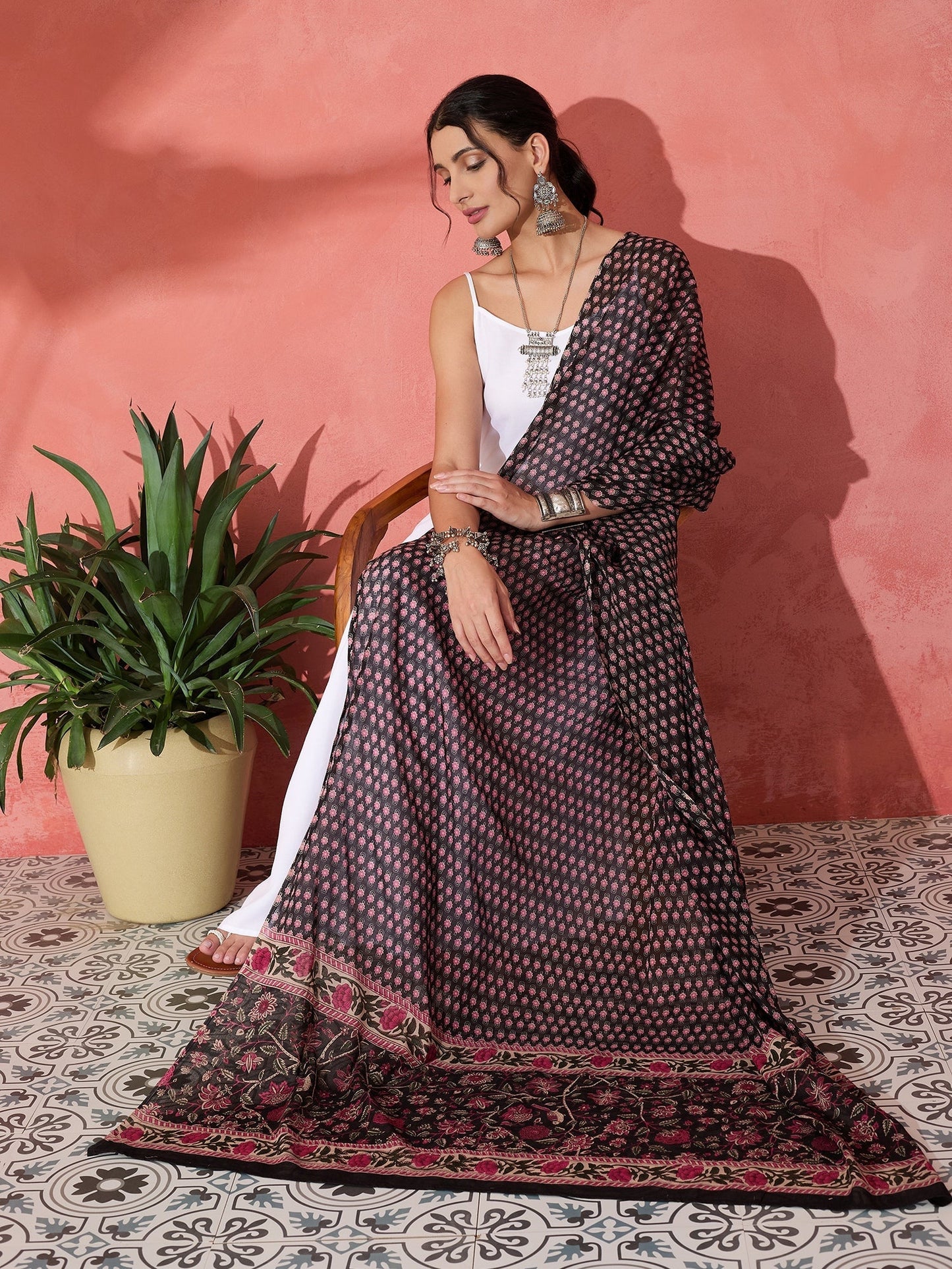 InWeave White Strappy Set With Black Pink Ethnic Print Cotton Dupatta - Swadesiicart