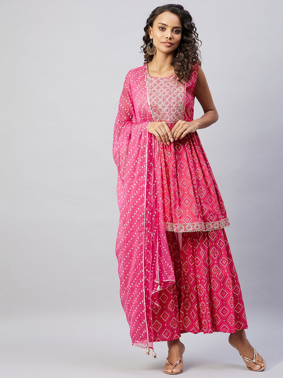 InWeave Women's Pink Embroided Bandhani Kurta Sharara Set - Swadesiicart