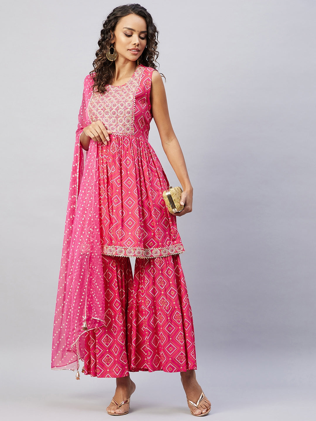 InWeave Women's Pink Embroided Bandhani Kurta Sharara Set - Swadesiicart