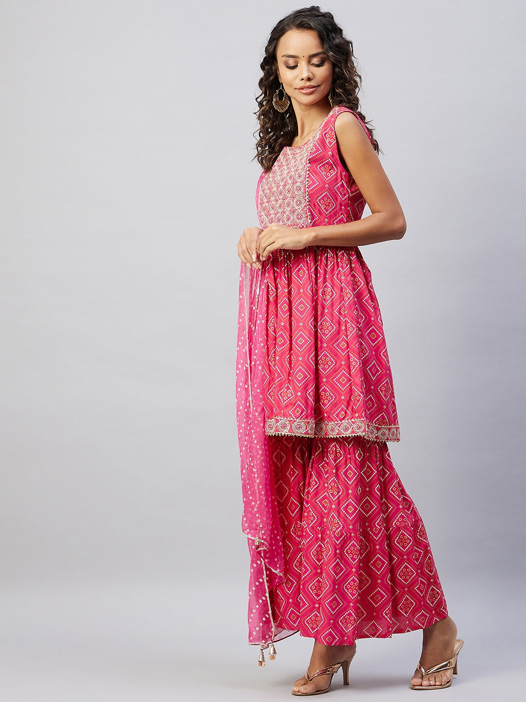 InWeave Women's Pink Embroided Bandhani Kurta Sharara Set - Swadesiicart