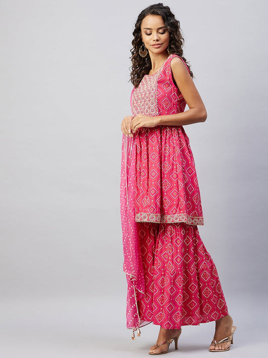 InWeave Women's Pink Embroided Bandhani Kurta Sharara Set - Swadesiicart