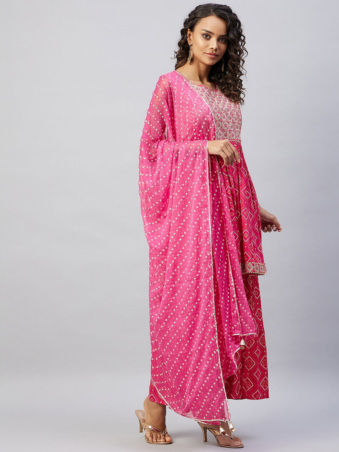 InWeave Women's Pink Embroided Bandhani Kurta Sharara Set - Swadesiicart