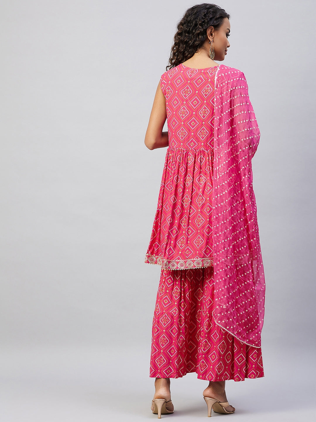 InWeave Women's Pink Embroided Bandhani Kurta Sharara Set - Swadesiicart
