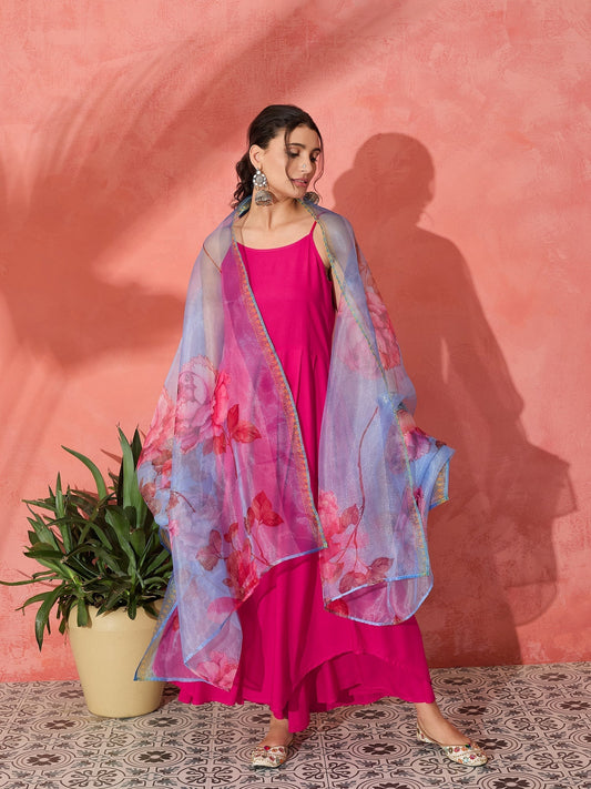 InWeave Fuchsia Strappy Set With Blue Fuchsia Organza Dupatta - Swadesiicart
