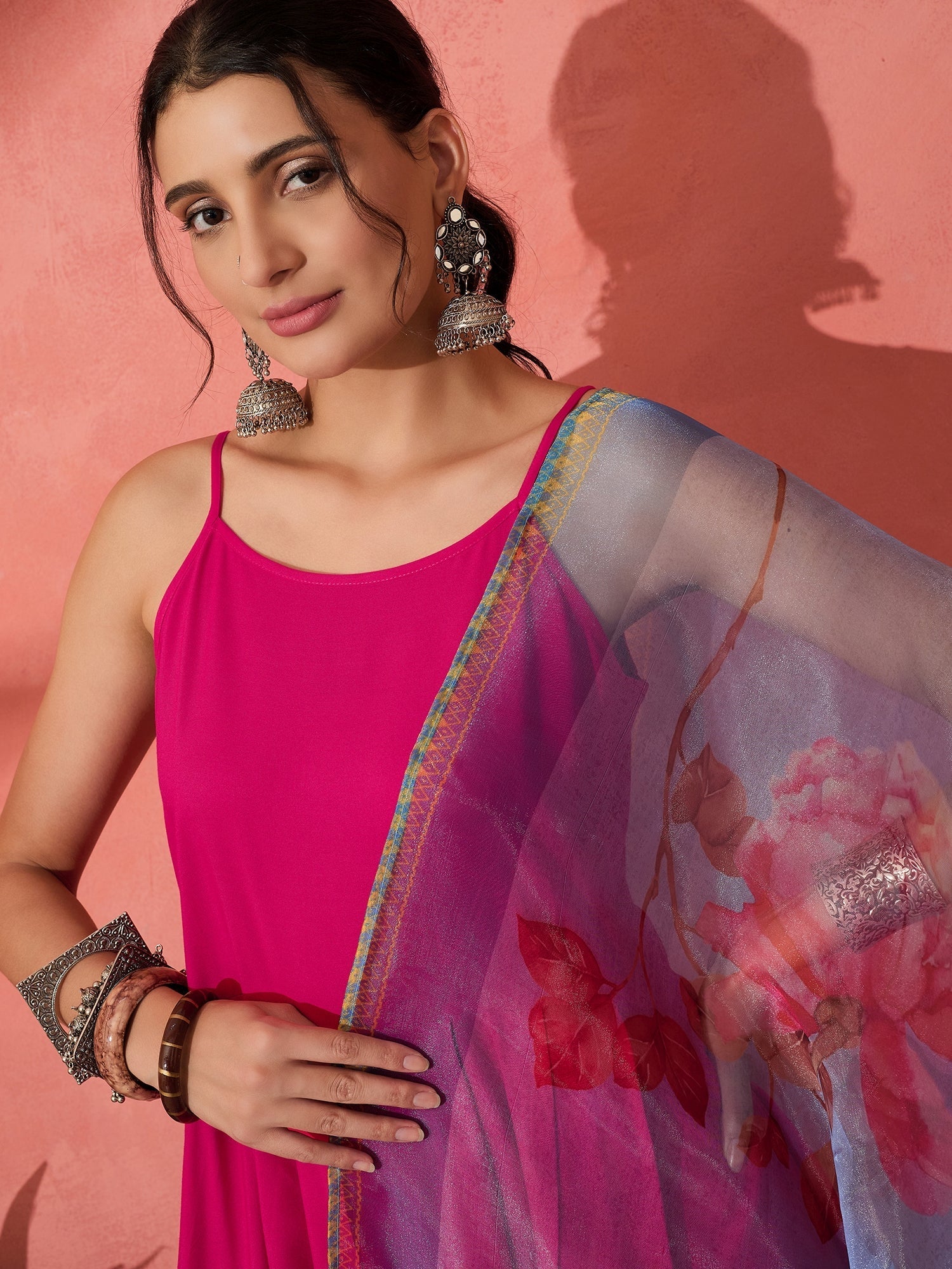 InWeave Fuchsia Strappy Set With Blue Fuchsia Organza Dupatta - Swadesiicart